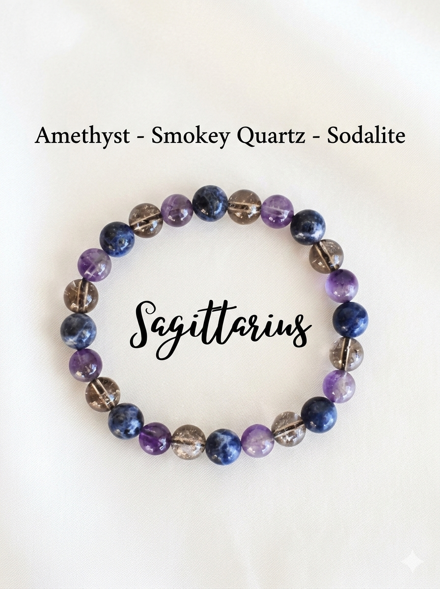 Sagittarius Birthstone Healing Bracelet – Amethyst Smokey Quartz Sodalite