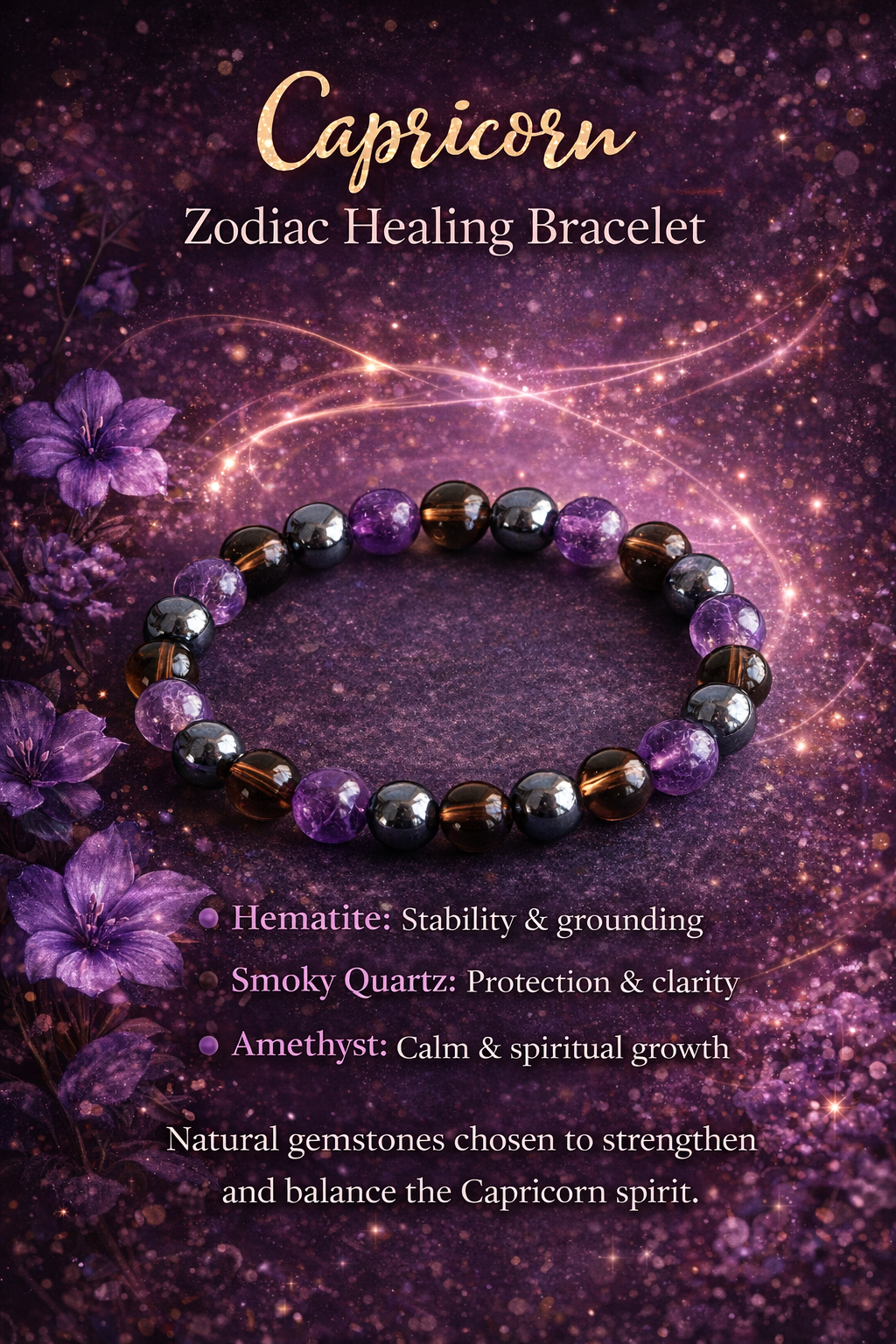 Capricorn Zodiac Crystal Bracelet – Natural Healing Stones for Balance & Protection
