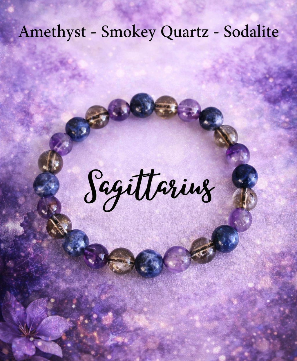 Sagittarius Birthstone Healing Bracelet – Amethyst Smokey Quartz Sodalite